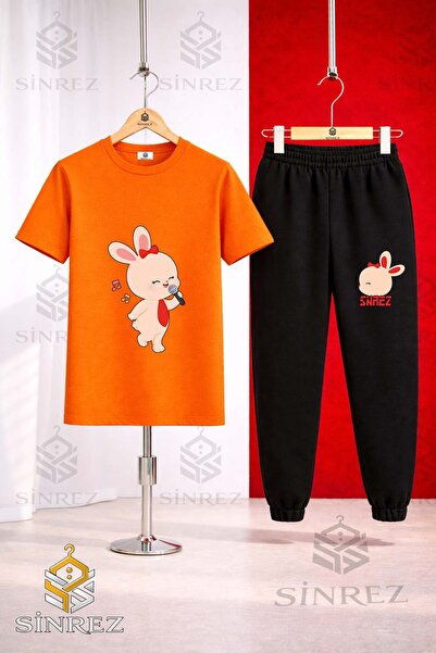 SİNREZ Unisex Kids' Tavsan Microphone Printed T-Shirt and Sweatpants Set