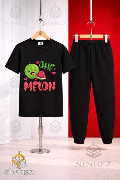 SİNREZ Unisex Kids' Watermelon One Melon Printed T-Shirt and Sweatpants Set
