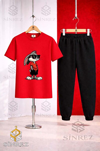 SİNREZ Unisex Kids Gzlk Boksbony Printed T-Shirt and Sweatpants Set