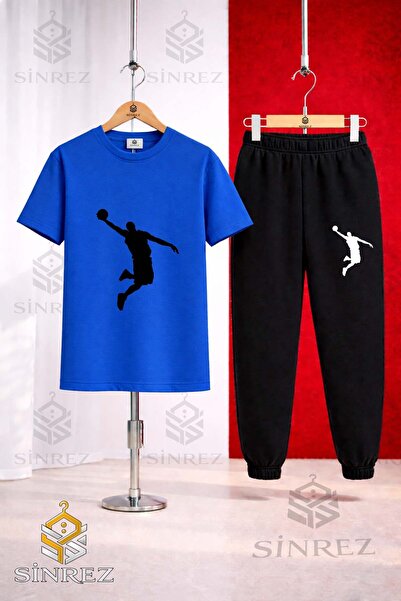 SİNREZ Unisex Kids Basket Man Black Printed T-Shirt Tracksuit Set