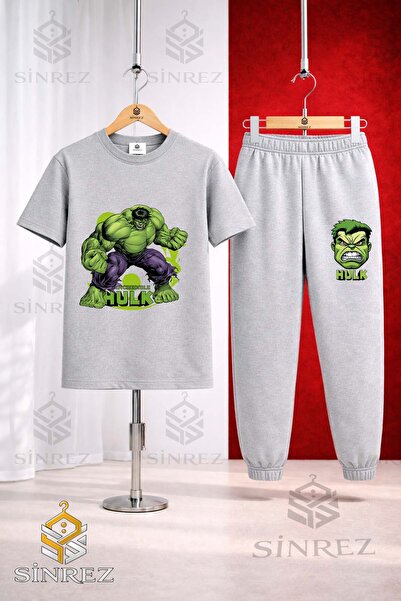 SİNREZ Unisex Kids Hulk Hand Squat Green Tvl Printed T-Shirt Tracksuit Set