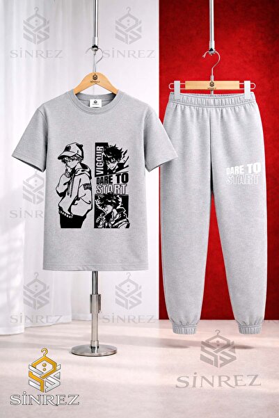SİNREZ Unisex Kids Dare to Start Black Printed T-Shirt Tracksuit Set