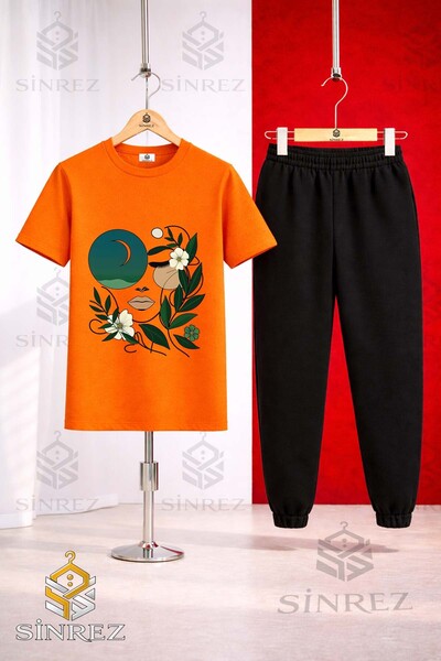 SİNREZ Unisex Kids Cicekten Green Girl Face Printed T-Shirt and Sweatpants Set