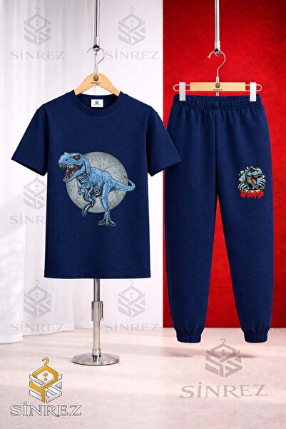 SİNREZ Unisex Kids Dinosaur Blue in the Circle Printed T-Shirt Tracksuit Set