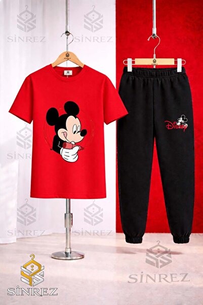 SİNREZ Unisex Kids Mickey Daire Krmz Printed T-Shirt Tracksuit Set