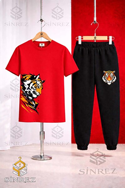 SİNREZ Set de trening unisex pentru copii, cu tricou imprimat TIGER SAG LOOKI...