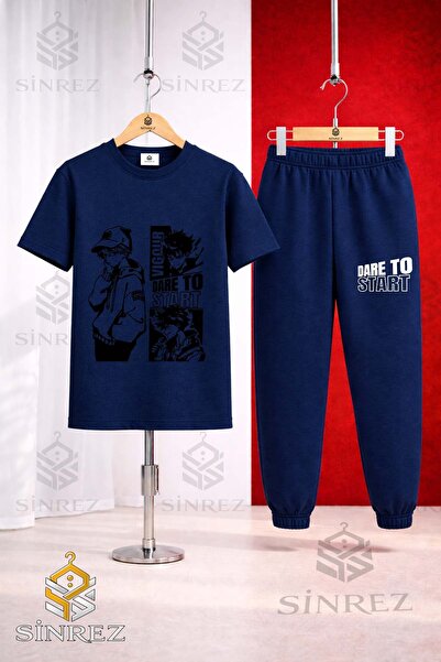 SİNREZ Unisex Kids Dare to Start Black Printed T-Shirt Tracksuit Set