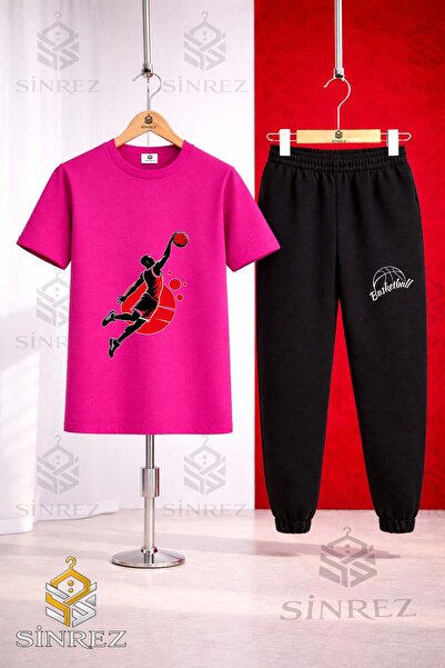 SİNREZ Set de trening unisex pentru copii BASKETBALLER SYH RED cu imprimeu