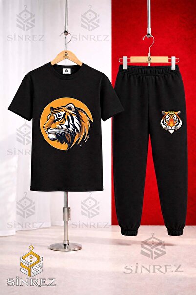 SİNREZ Unisex Kids Tiger Head Circle Printed T-Shirt Tracksuit Set
