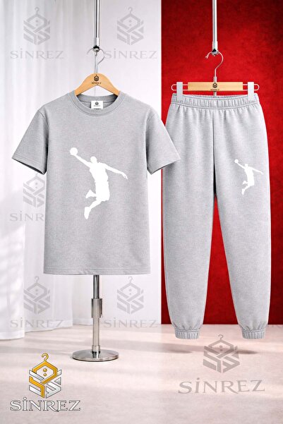 SİNREZ Set de trening unisex pentru copii BASKET MAN WHITE cu imprimeu