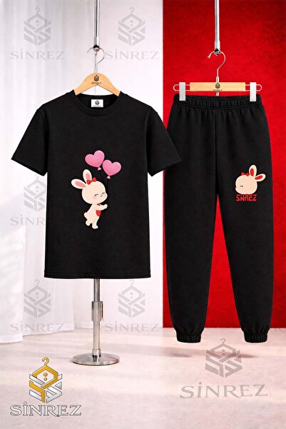 SİNREZ Unisex Kids Tavsan Heart Balloon Onde Printed T-Shirt Tracksuit Set