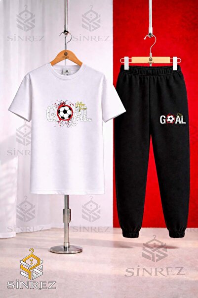 SİNREZ Unisex Kids Goal Stained Text Top Printed T-Shirt Tracksuit Set