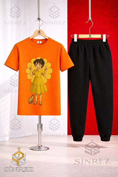 SİNREZ Unisex Kids Hvn Girl Anime Printed T-Shirt and Sweatpants Set