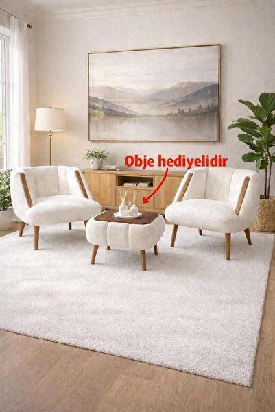 KOKİ DESİGN ZEUS CEVİZ Kırık Beyaz 2 Adet Berjer + 1 Adet Sehpa (5 PARÇA DEKO...