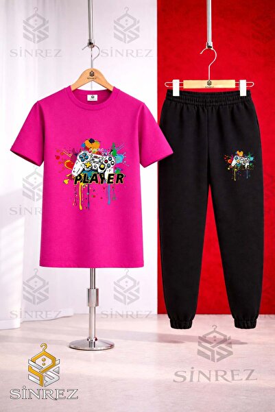 SİNREZ Unisex Kids Game on Player Colorful Printed T-Shirt Tracksuit Set