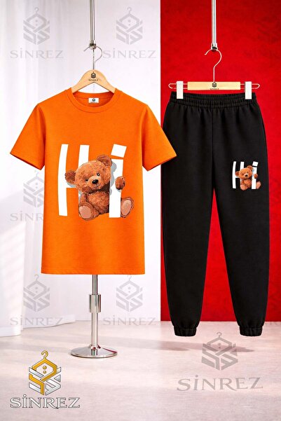 SİNREZ Set de trening unisex pentru copii, cu tricou imprimat HI BEAR IN THE ...