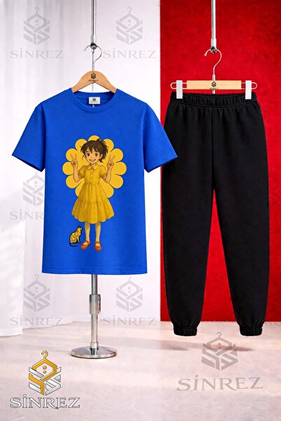 SİNREZ Unisex Kids Hvn Girl Anime Printed T-Shirt and Sweatpants Set