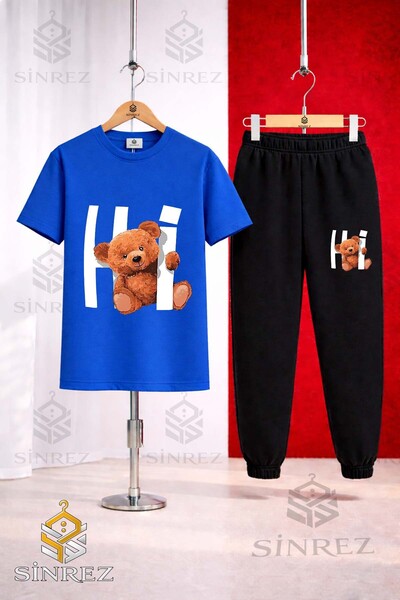 SİNREZ Set de trening unisex pentru copii, cu tricou imprimat HI BEAR IN THE ...
