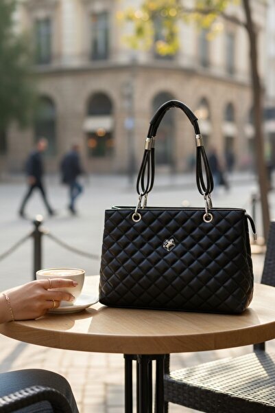 enoch Women's Leather Diamond Quilted Patterned Shoulder Bag with Metallic De...