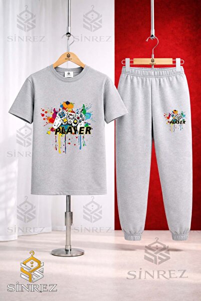 SİNREZ Set de trening unisex pentru copii, cu tricou imprimat colorat GAME ON...