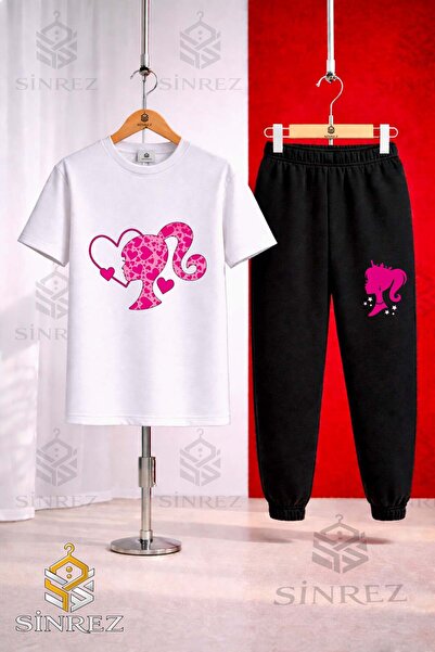 SİNREZ Unisex Kids Brbi Head Heart Pattern Printed T-Shirt and Sweatpants Set