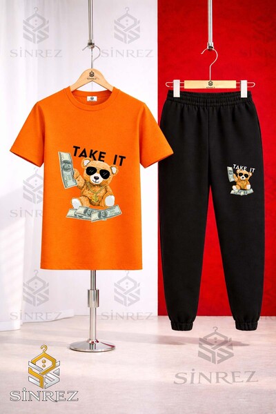 SİNREZ Unisex Kids Ayicik Take It Syh Printed T-Shirt Tracksuit Set