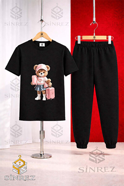 SİNREZ Unisex Kids' Girls' Printed T-Shirt and Tracksuit Set with Teddy Bear ...