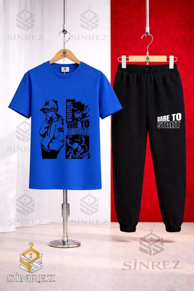 SİNREZ Unisex Kids Dare to Start Black Printed T-Shirt Tracksuit Set