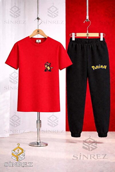 SİNREZ Unisex Kids Pikhc Bicycle Ride Printed T-Shirt Sweatpants Set