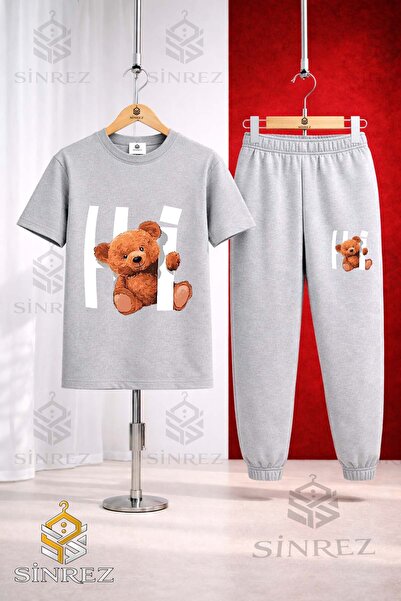 SİNREZ Set de trening unisex pentru copii, cu tricou imprimat HI BEAR IN THE ...