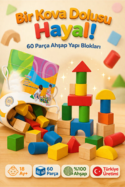 DENAPCAL Ahşap Bloklar 60 Parça Renkli Eğitici Oyuncak 18 Ay Kovalı Set