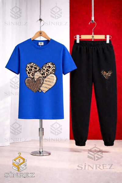 SİNREZ Unisex Kids Hearts Leopard Pattern Printed T-Shirt and Sweatpants Set