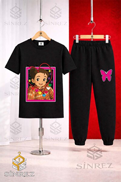 SİNREZ Unisex Kids Crn Girl Heart Printed T-Shirt Tracksuit Set