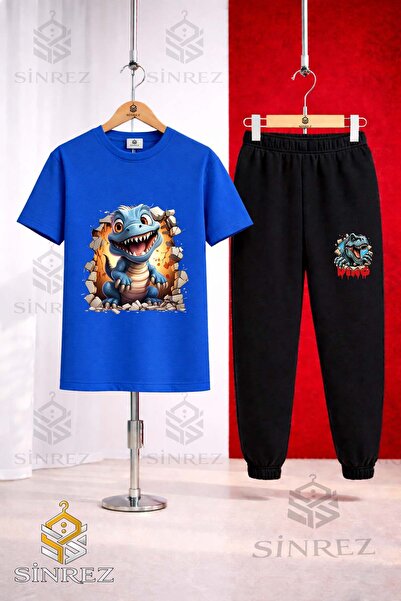 SİNREZ Unisex Kids Dinosaur Blue Dinosaur Blue Magaradan Cikan Printed T-Shir...
