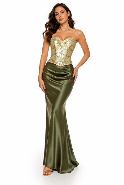 Valoria Stil Vintage Gotik Gold Yeşil Brokar Kumaş, Vücudu Şekillendiren Bale...