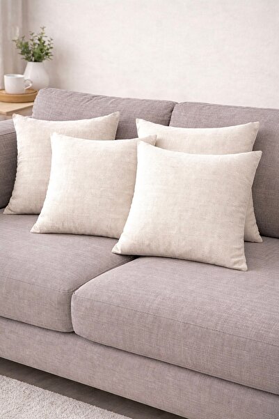 ZEGPAR Keten Dokulu Krem Renk 4 Adet Kırlent Kılıfı 45 x 45 cm