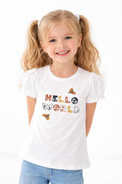 Noone Devojčica, majica sa otisnutim natpisom "Hello World" i rukavima na vez...