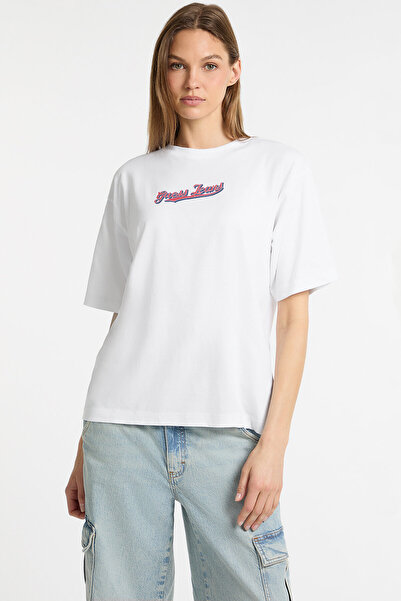 Guess White Women's Round Neck Oversized T-Shirt Gj Ss Cn Os Curved L - Organ...