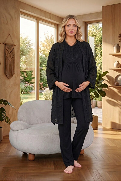 Lohusa Homewear Yeni Sezon Siyah Hamile Lohusa Yazlık Ponpon Detaylı Kısa Kol...