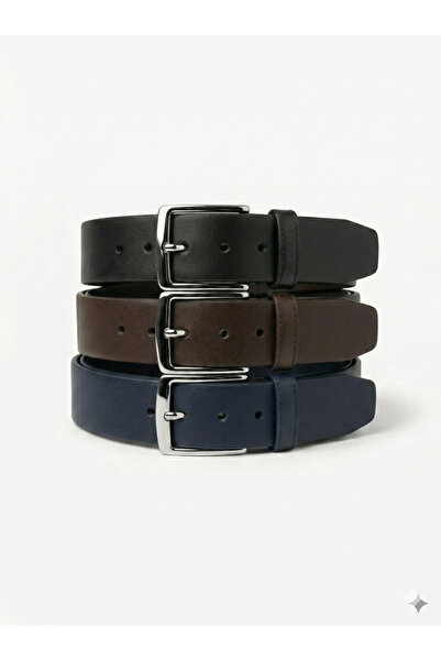 İMAJ MAĞAZACILIK 100% Genuine Leather 3-Piece Belt Set - Black, Brown, Navy B...