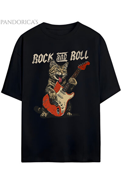 Pandorica's ROCK TASARIM SERİSİ "ROCK&ROLL" Yazılı Gitar Çalan Kedi Baskılı Unisex Pamuklu T-shirt