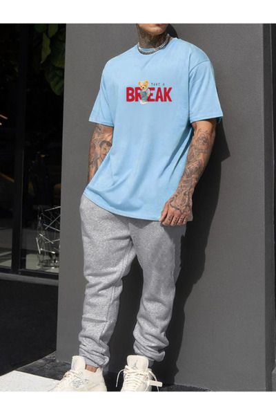 BREAK Baskılı Eşofman Altı Ve T-shirt - Jogger Tişört Alt Üst Eşofman Takımı Bisiklet Yaka