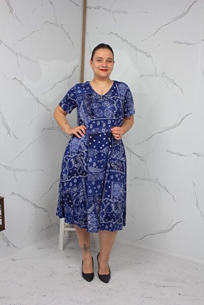 Truva XXL Blue Patterned Crystal Cotton V-Neck Midi Dress