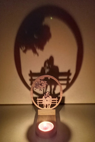 Double Figure Brown Wooden Shadow Candle Holder Sitting on the Bench Projection Figurine – Bachi with Candle Gift2