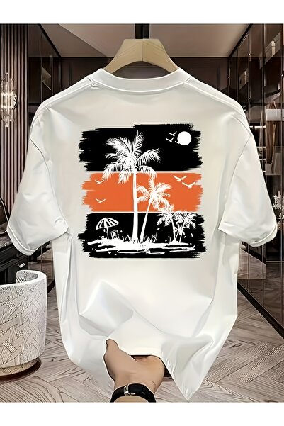 yiou trendy clothing تي شيرت سميك - تي شيرت أسود وبرتقالي بطبعة شجرة نخيل است...
