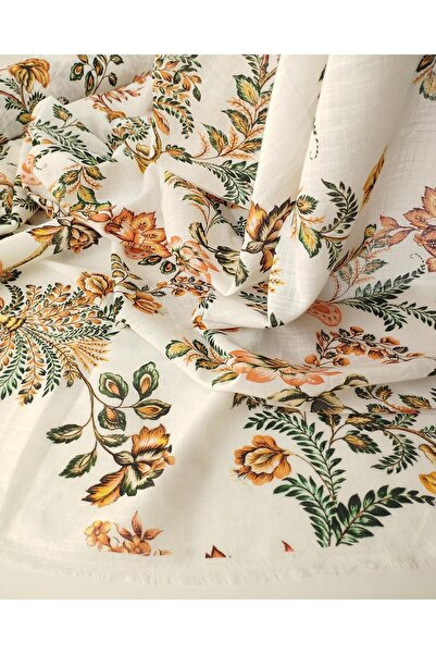 Kumaş Parça Ύφασμα λινό βουάλ σε χρώμα εκρού κρεμ με πορτοκαλί και πράσινα λο...