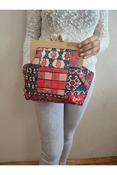 Aysa Çanta ve Aksesuar Etnik Deenli Ahşap Burslu Clutch Çanta