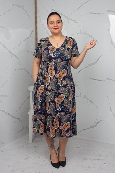 Truva XXL Shawl Patterned Crystal Cotton V-Neck Midi Dress