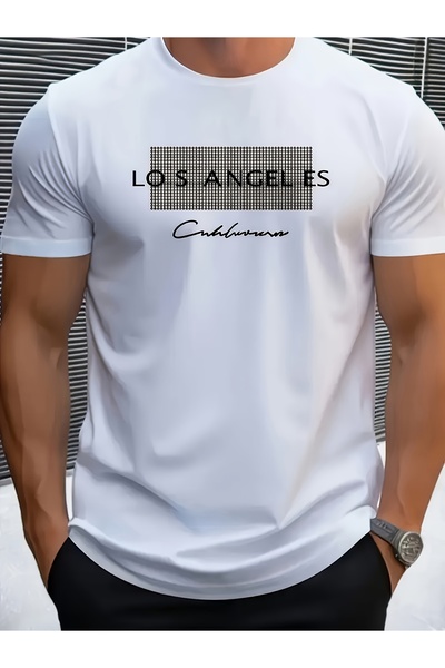 yiou trendy clothing تي شيرت رجالي أبيض بأكمام قصيرة وياقة دائرية بنمط لوس أن...