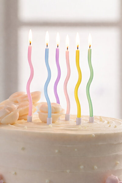 Baloncu Nene 6'lı 12 CM Renkli Pastel Ton Kıvrımlı Pasta Mumu Doğum Günü Past...